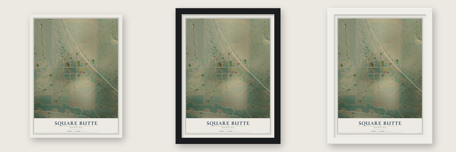 Square Butte, Montana map unframed, in a black wood frame and in a white wood frame