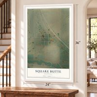 Square Butte, Montana map, 24 x 36 inch print in a white frame by a staircase