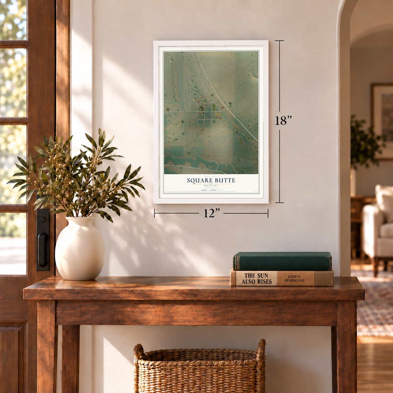 Square Butte, Montana map, 12 x 18 inch print in a white frame in an entryway