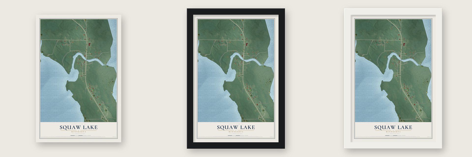 Squaw Lake, Minnesota map unframed, in a black wood frame and in a white wood frame