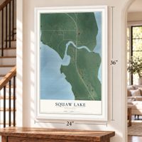 Squaw Lake, Minnesota map, 24 x 36 inch print in a white frame by a staircase