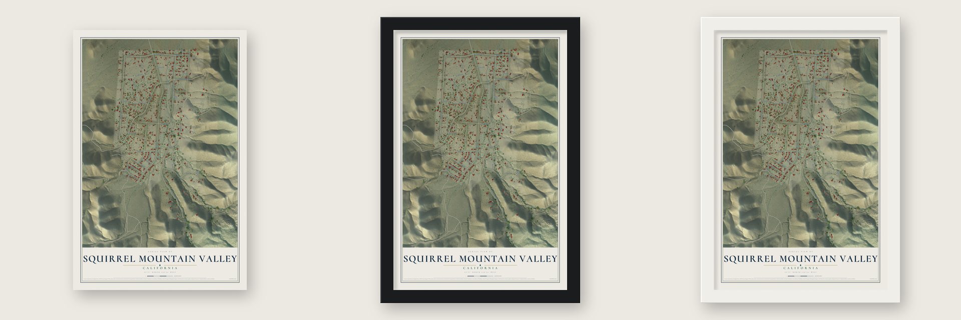 Squirrel Mountain Valley, California map unframed, in a black wood frame and in a white wood frame