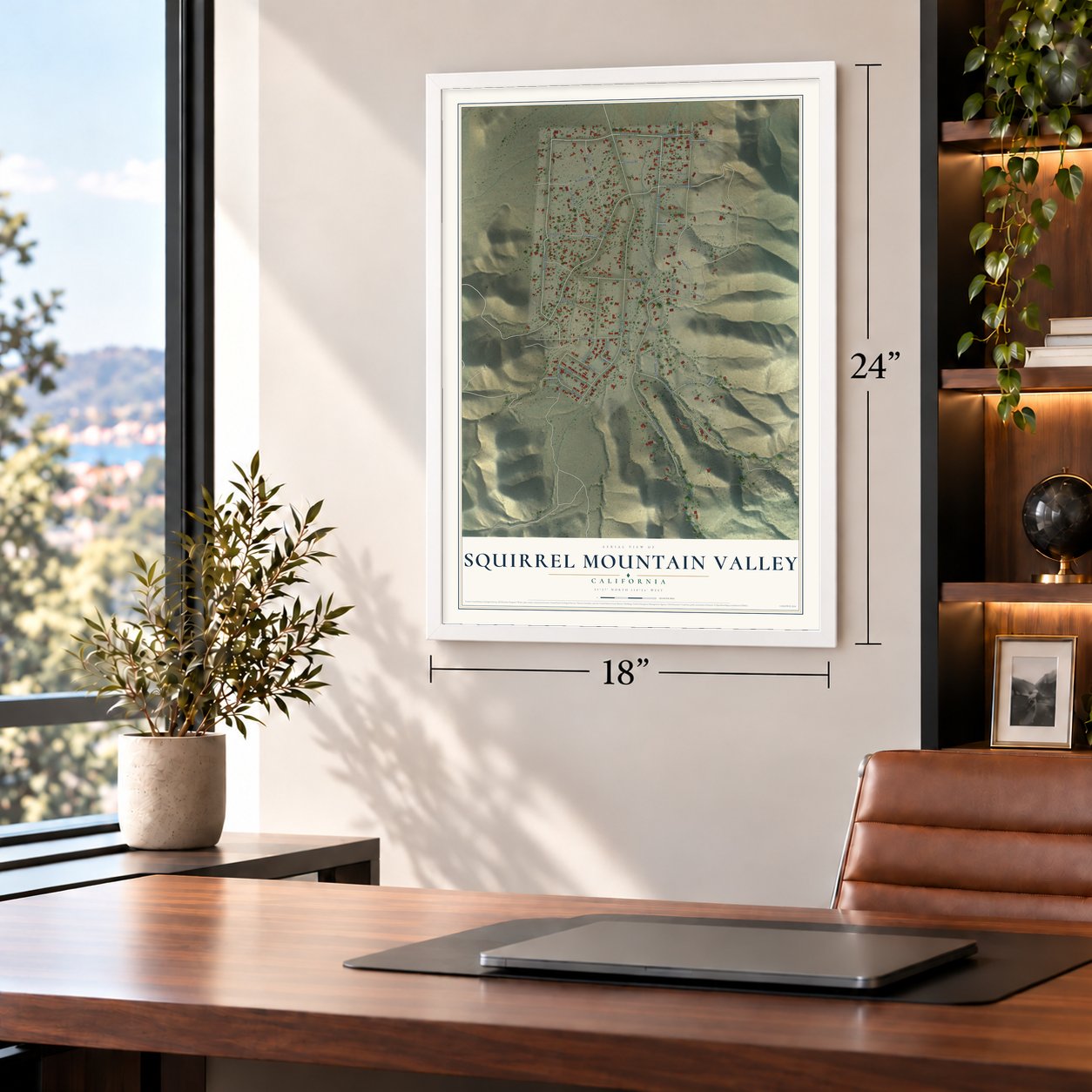 Squirrel Mountain Valley, California map, 18 x 24 inch print in a white frame in a home office