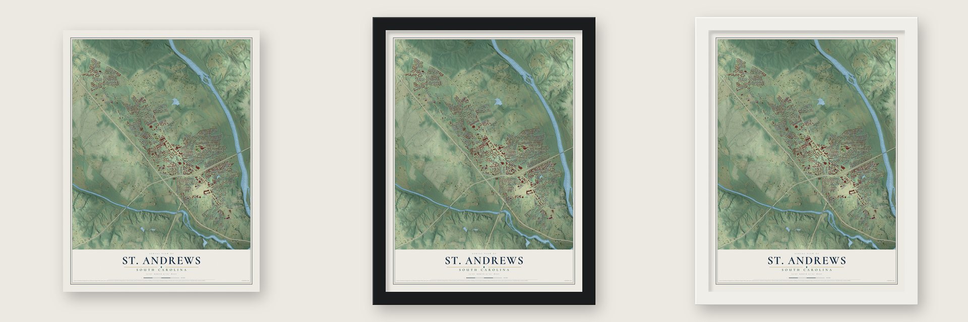 St. Andrews, South Carolina map unframed, in a black wood frame and in a white wood frame