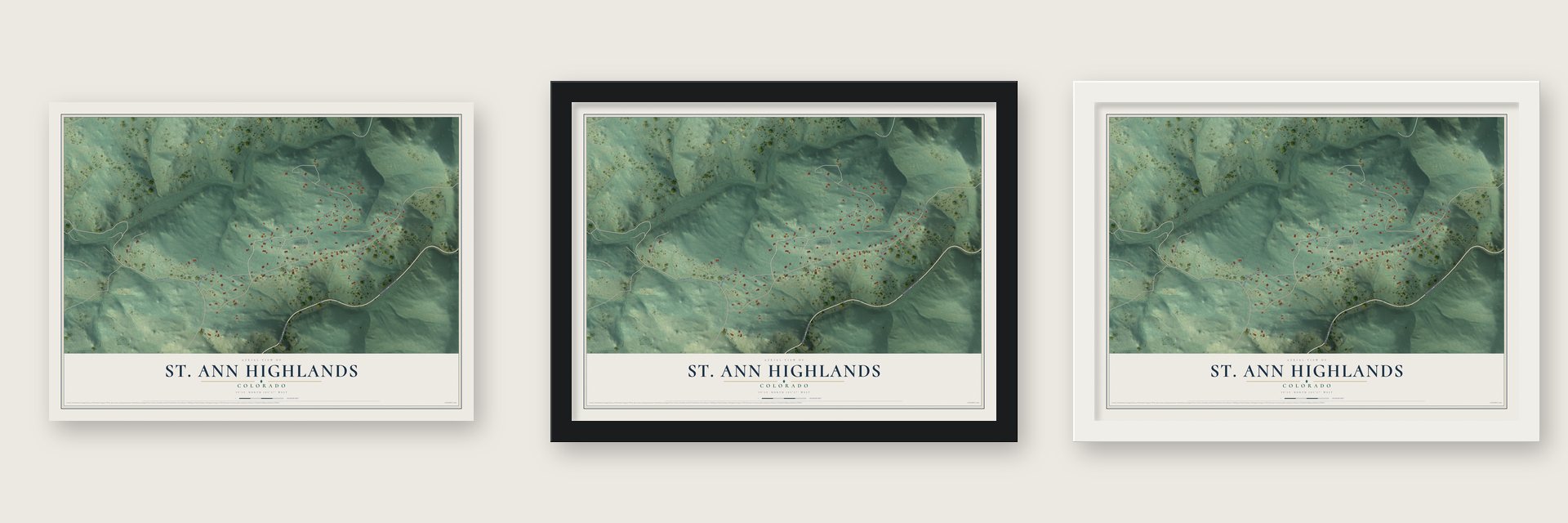 St. Ann Highlands, Colorado map unframed, in a black wood frame and in a white wood frame