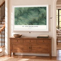 St. Ann Highlands, Colorado map, 24 x 36 inch print in a white frame above a dresser by a staircase