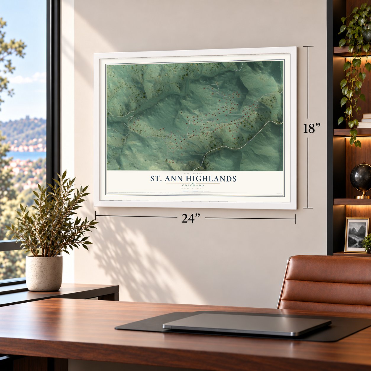 St. Ann Highlands, Colorado map, 18 x 24 inch print in a white frame in a home office