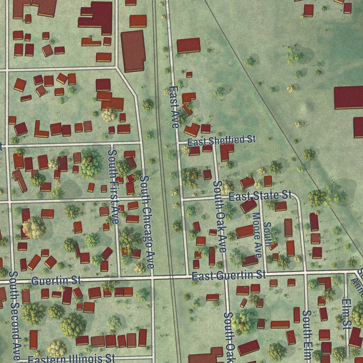 Second close-up of the map of St. Anne, Illinois print showing more streets and buildings