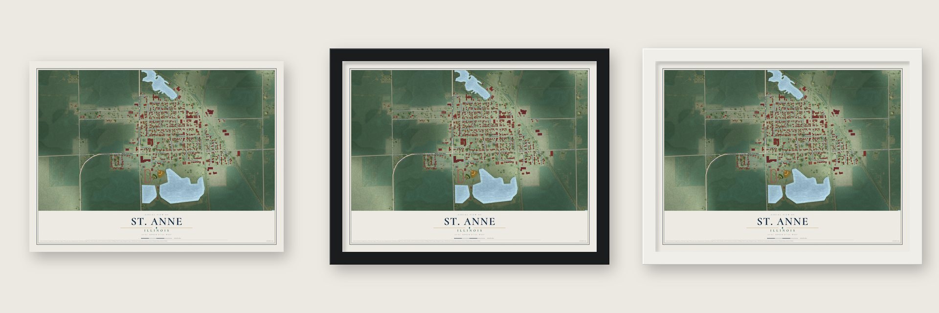 St. Anne, Illinois map unframed, in a black wood frame and in a white wood frame