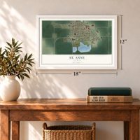 St. Anne, Illinois map, 12 x 18 inch print in a white frame in an entryway