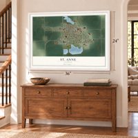 St. Anne, Illinois map, 24 x 36 inch print in a white frame above a dresser by a staircase