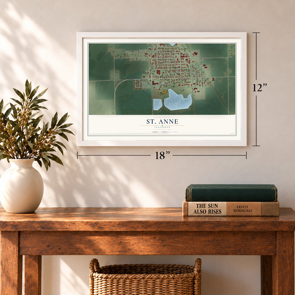 St. Anne, Illinois map, 12 x 18 inch print in a white frame in an entryway