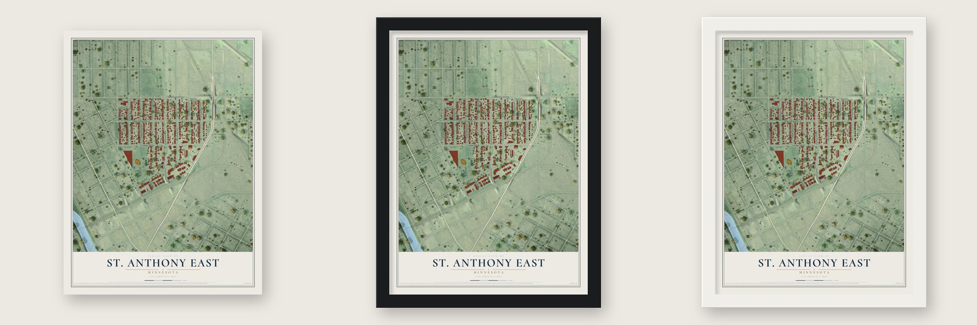 St. Anthony East, Minnesota map unframed, in a black wood frame and in a white wood frame