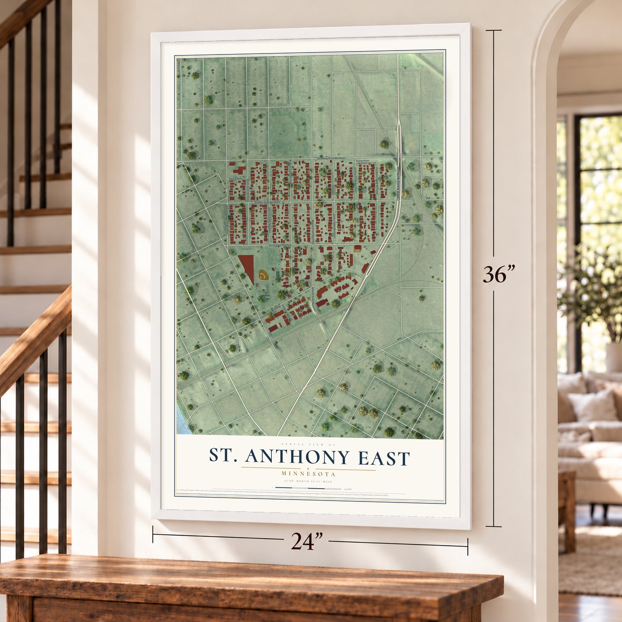 St. Anthony East, Minnesota map, 24 x 36 inch print in a white frame by a staircase