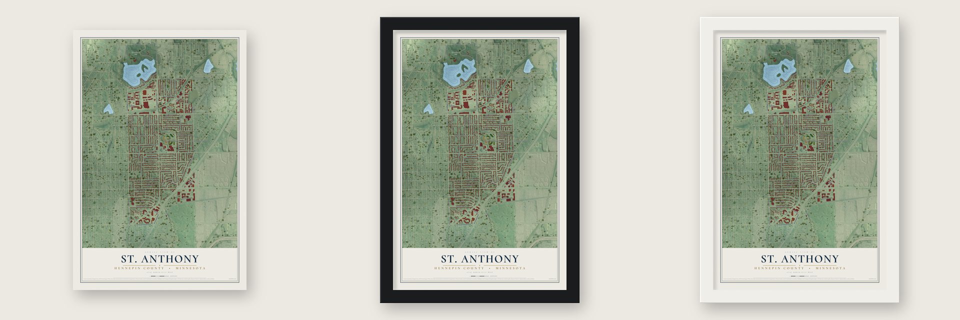 St. Anthony, Hennepin County, Minnesota map unframed, in a black wood frame and in a white wood frame