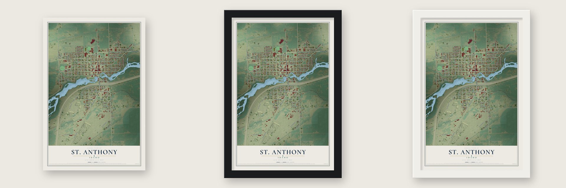 St. Anthony, Idaho map unframed, in a black wood frame and in a white wood frame