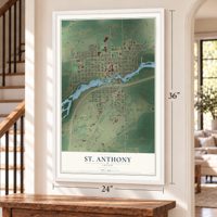 St. Anthony, Idaho map, 24 x 36 inch print in a white frame by a staircase