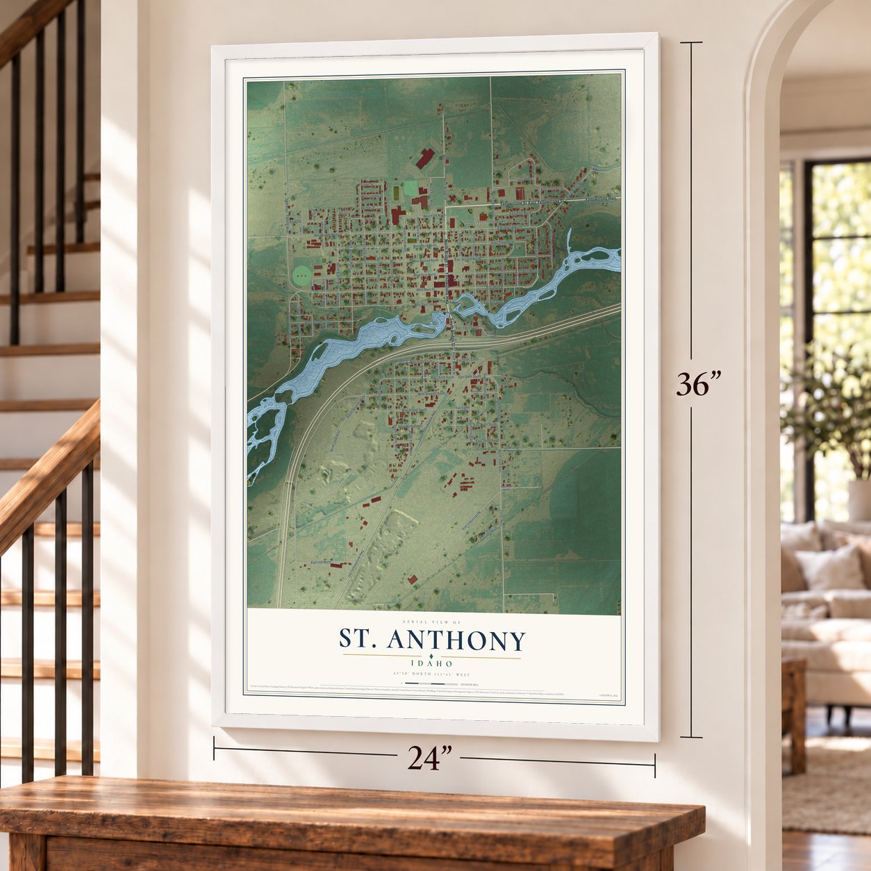 St. Anthony, Idaho map, 24 x 36 inch print in a white frame by a staircase