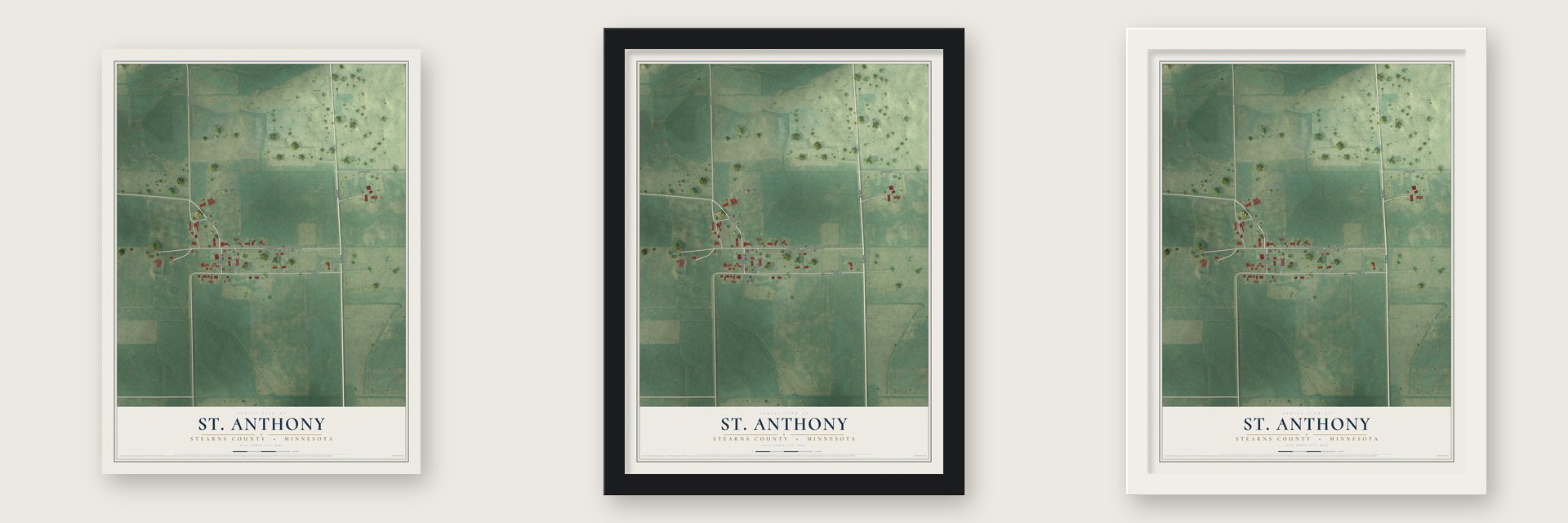 St. Anthony, Stearns County, Minnesota map unframed, in a black wood frame and in a white wood frame