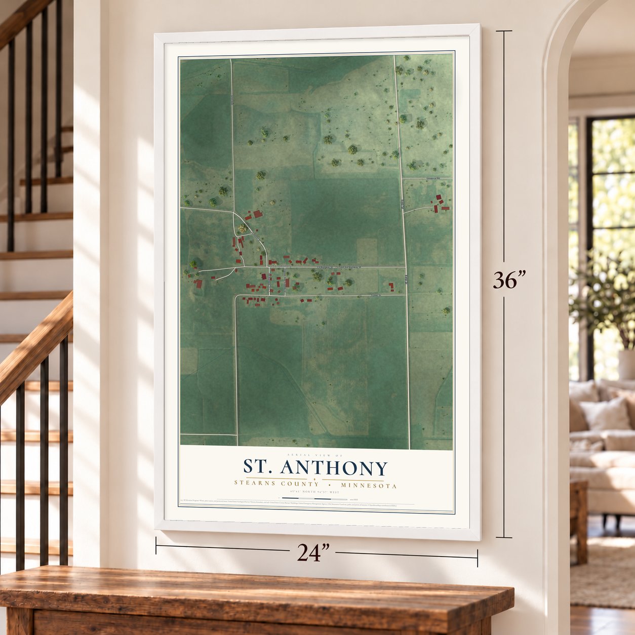 St. Anthony, Stearns County, Minnesota map, 24 x 36 inch print in a white frame by a staircase