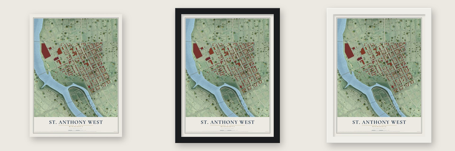 St. Anthony West, Minnesota map unframed, in a black wood frame and in a white wood frame