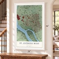 St. Anthony West, Minnesota map, 24 x 36 inch print in a white frame by a staircase