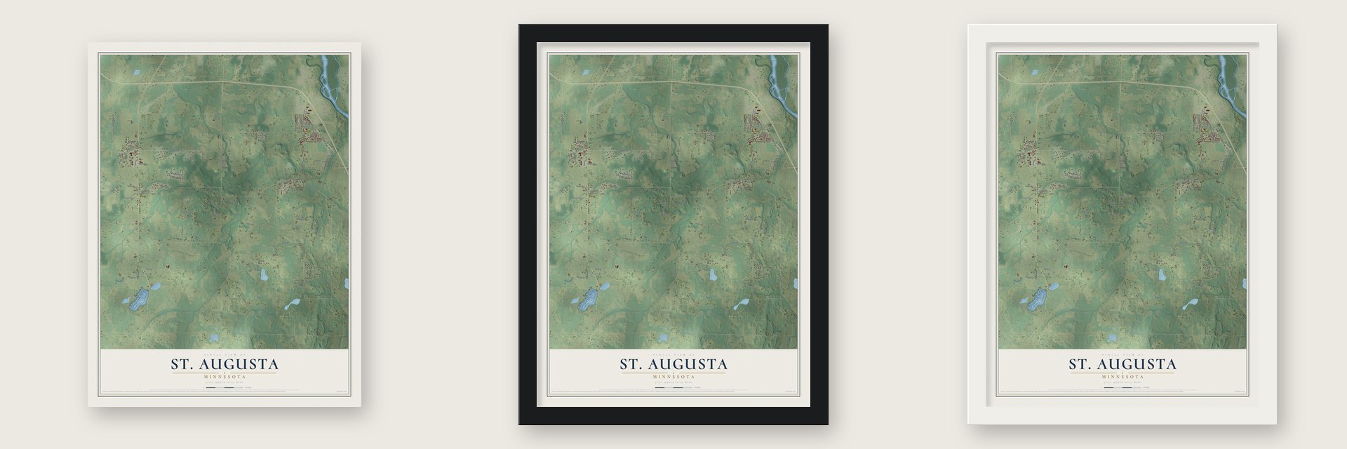 St. Augusta, Minnesota map unframed, in a black wood frame and in a white wood frame