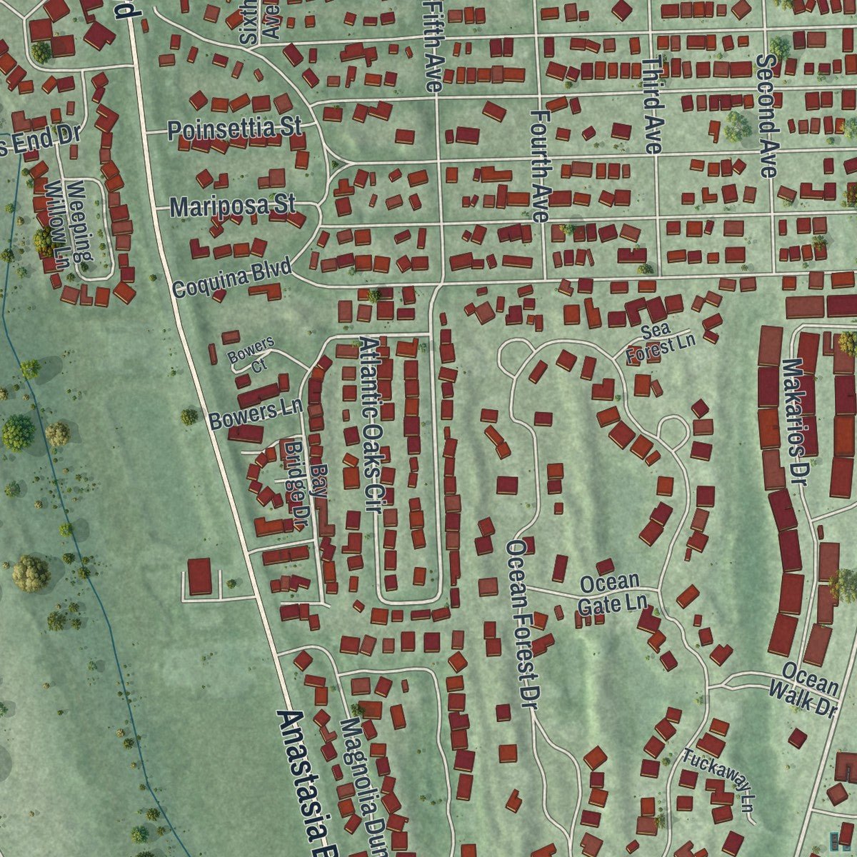 Second close-up of the map of St. Augustine Beach, Florida print showing more streets and buildings