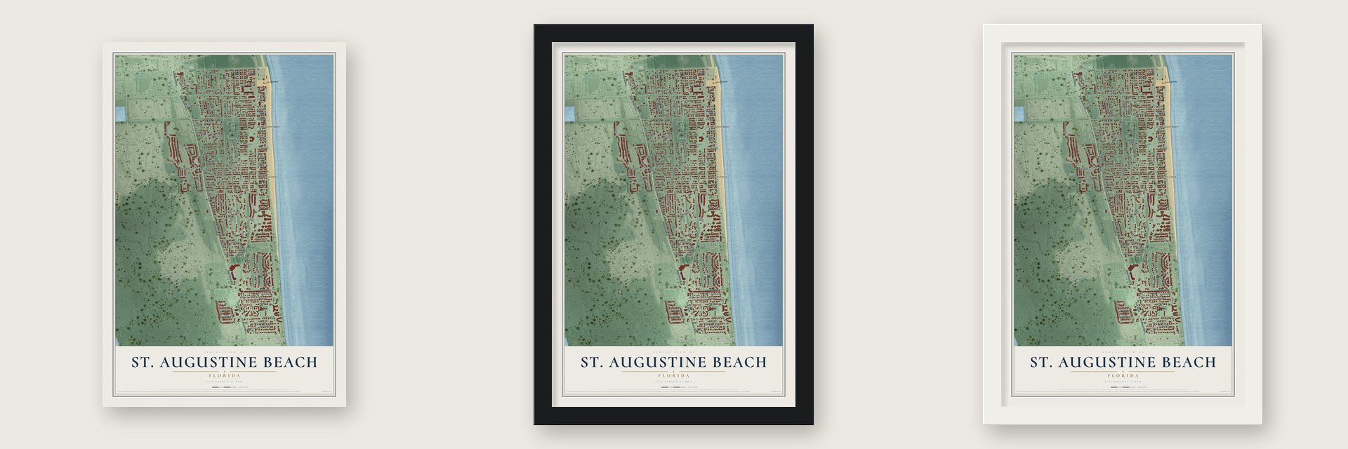 St. Augustine Beach, Florida map unframed, in a black wood frame and in a white wood frame