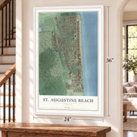 St. Augustine Beach, Florida map, 24 x 36 inch print in a white frame by a staircase