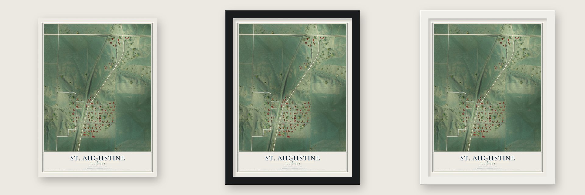 St. Augustine, Illinois map unframed, in a black wood frame and in a white wood frame
