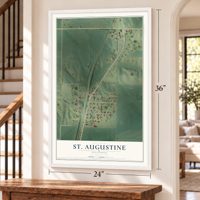 St. Augustine, Illinois map, 24 x 36 inch print in a white frame by a staircase