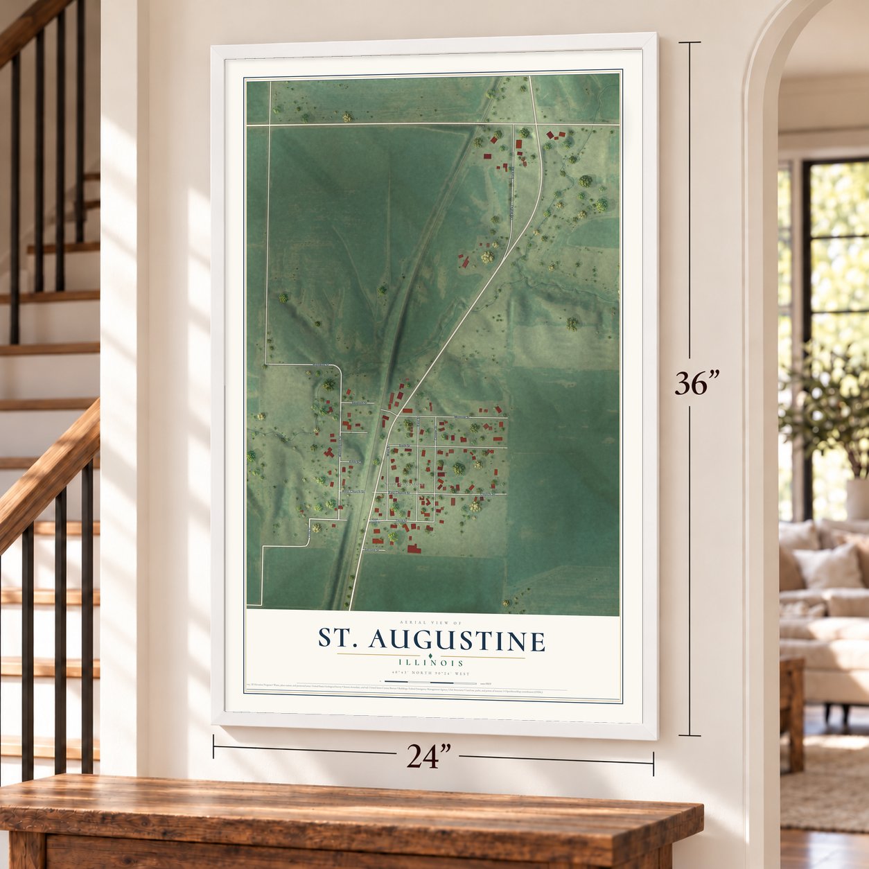 St. Augustine, Illinois map, 24 x 36 inch print in a white frame by a staircase