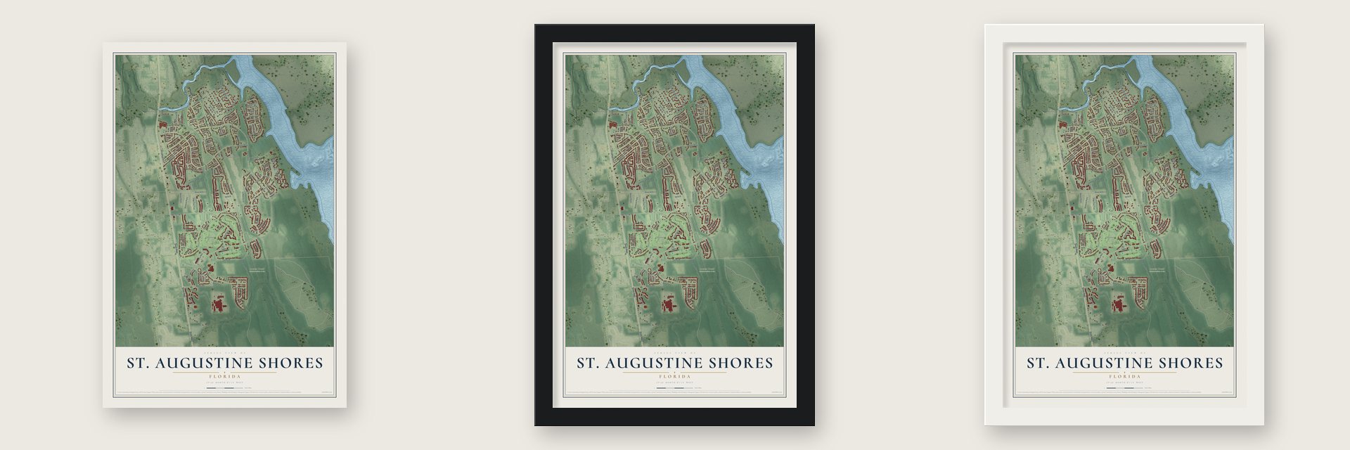 St. Augustine Shores, Florida map unframed, in a black wood frame and in a white wood frame