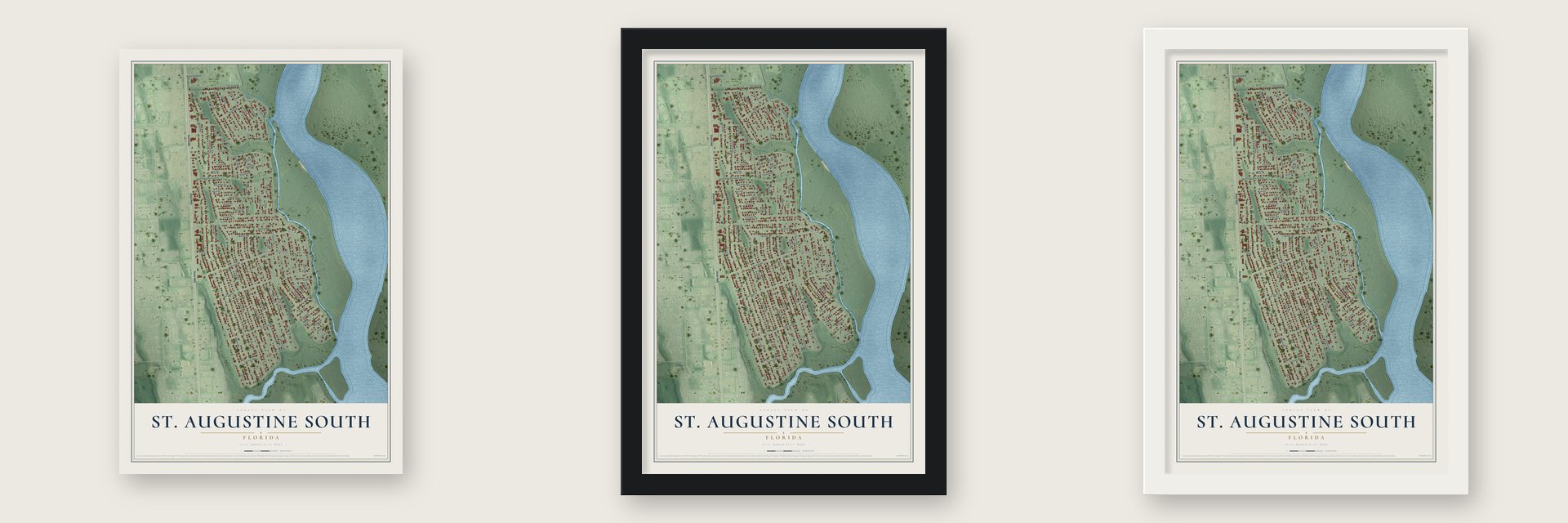 St. Augustine South, Florida map unframed, in a black wood frame and in a white wood frame