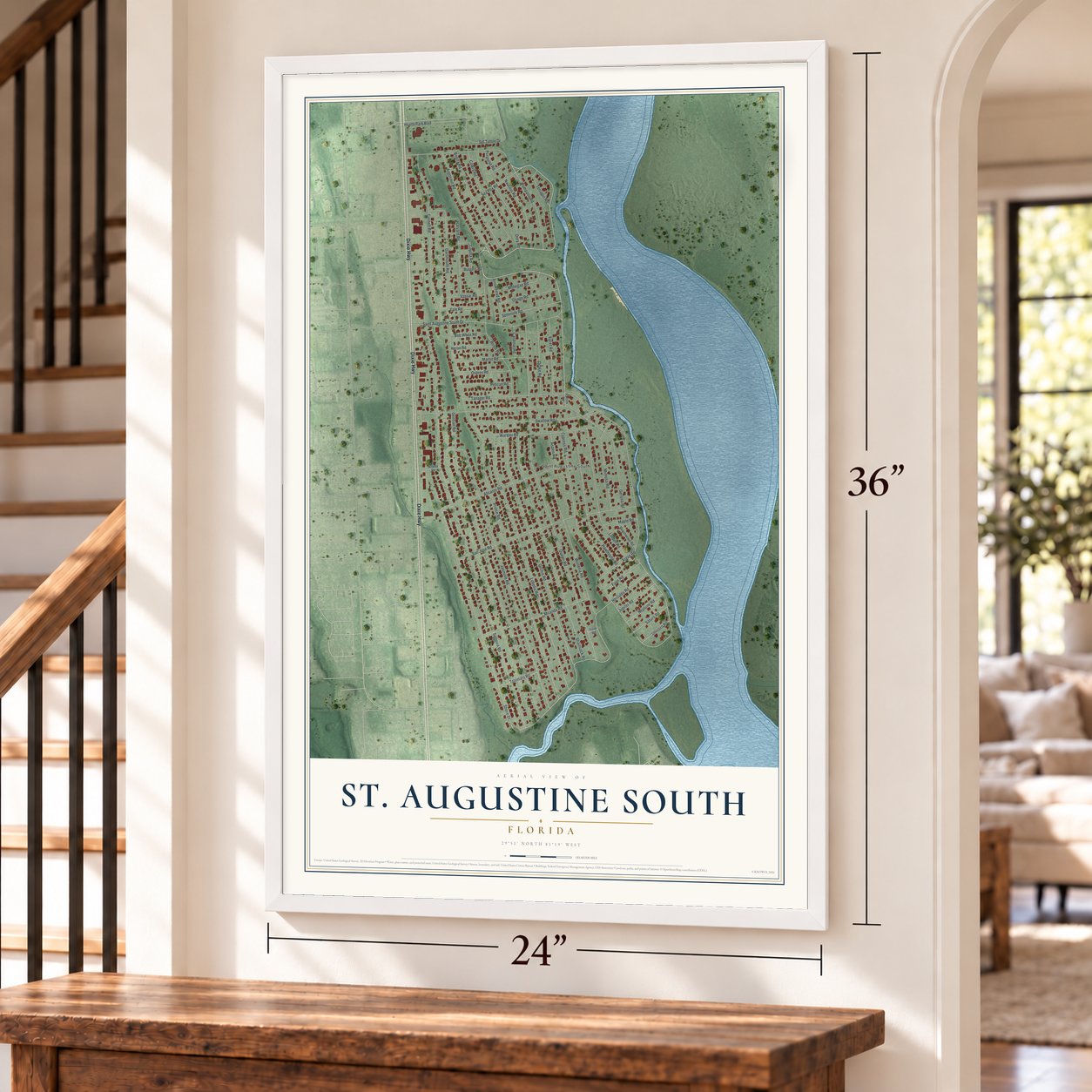 St. Augustine South, Florida map, 24 x 36 inch print in a white frame by a staircase