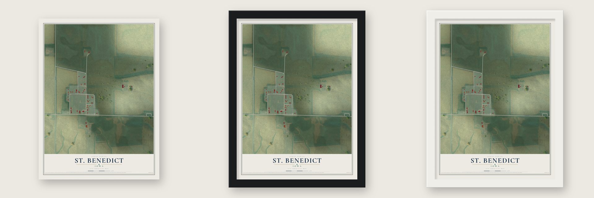 St. Benedict, Iowa map unframed, in a black wood frame and in a white wood frame