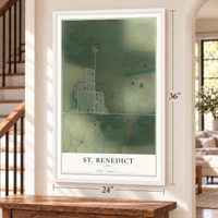 St. Benedict, Iowa map, 24 x 36 inch print in a white frame by a staircase