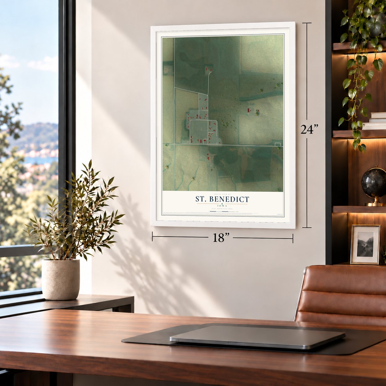 St. Benedict, Iowa map, 18 x 24 inch print in a white frame in a home office