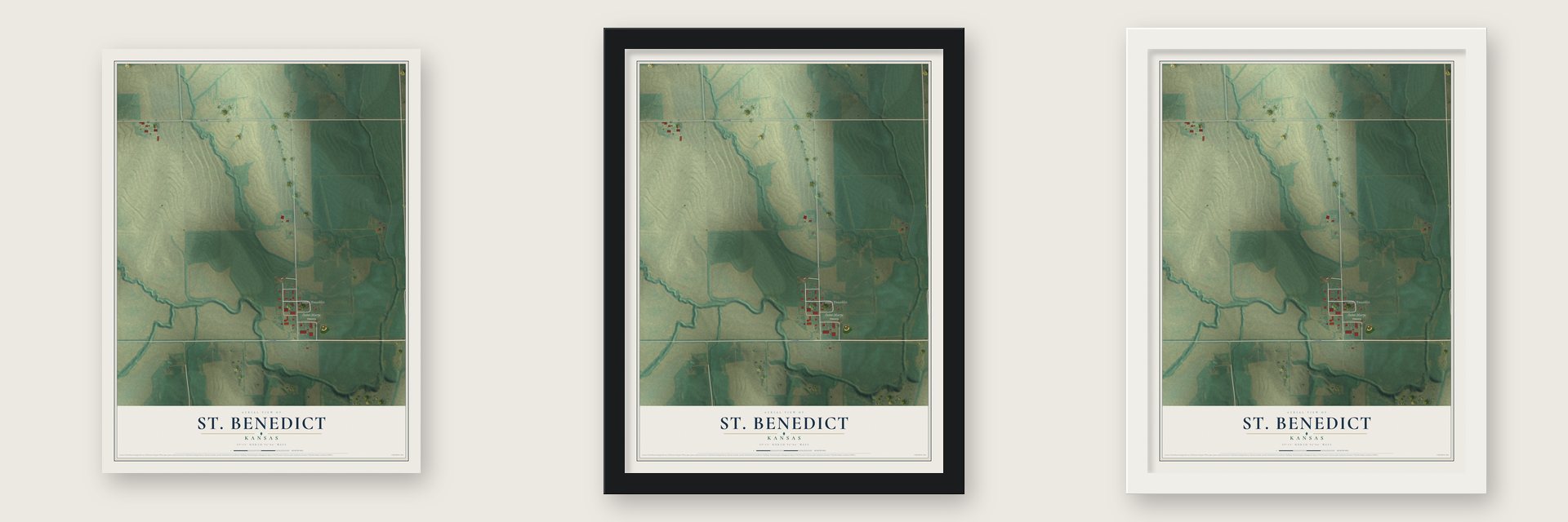 St. Benedict, Kansas map unframed, in a black wood frame and in a white wood frame