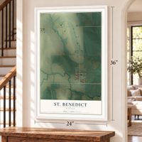 St. Benedict, Kansas map, 24 x 36 inch print in a white frame by a staircase