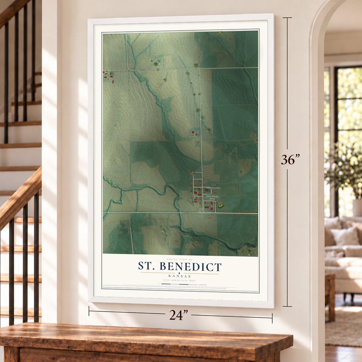 St. Benedict, Kansas map, 24 x 36 inch print in a white frame by a staircase