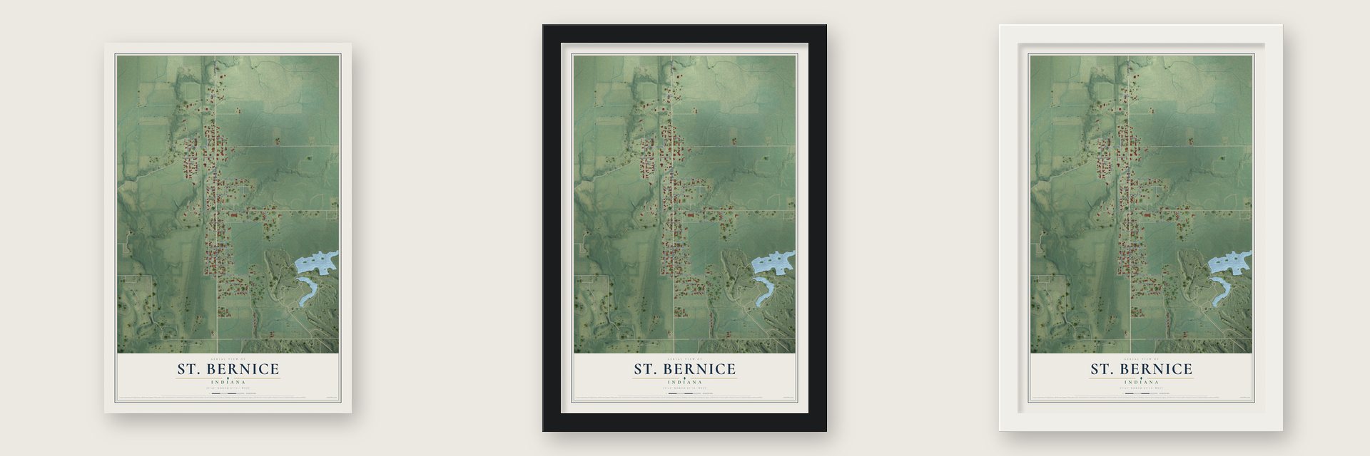 St. Bernice, Indiana map unframed, in a black wood frame and in a white wood frame