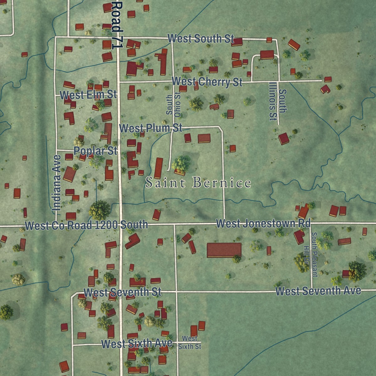 Second close-up of the map of St. Bernice, Indiana print showing more streets and buildings