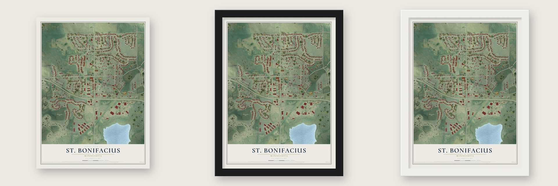 St. Bonifacius, Minnesota map unframed, in a black wood frame and in a white wood frame