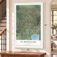 St. Bonifacius, Minnesota map, 24 x 36 inch print in a white frame by a staircase