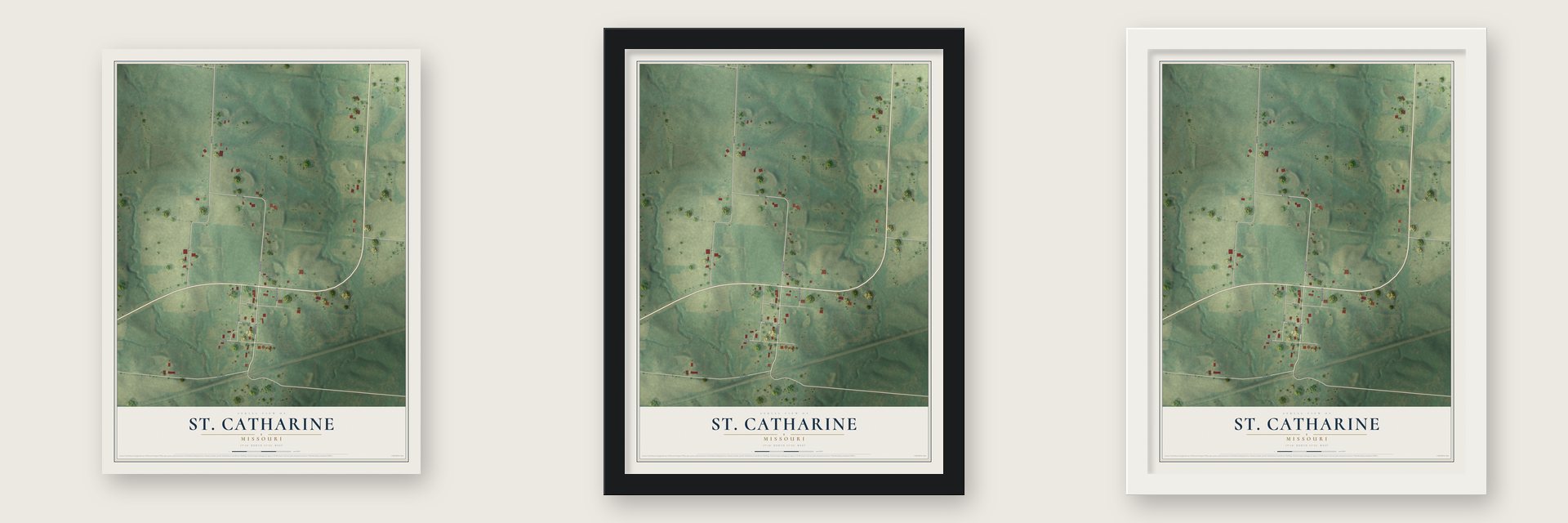St. Catharine, Missouri map unframed, in a black wood frame and in a white wood frame