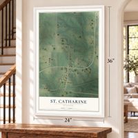 St. Catharine, Missouri map, 24 x 36 inch print in a white frame by a staircase