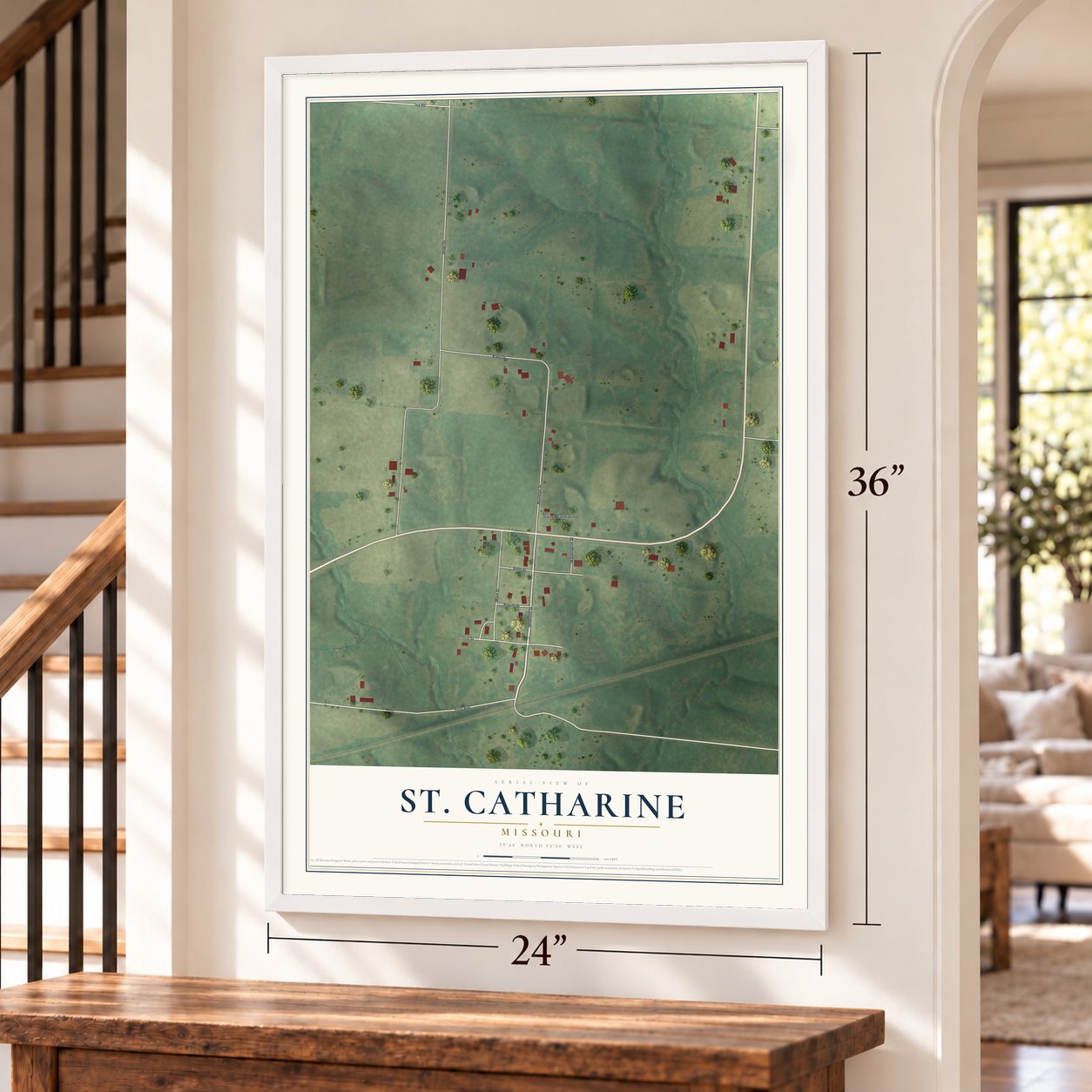 St. Catharine, Missouri map, 24 x 36 inch print in a white frame by a staircase