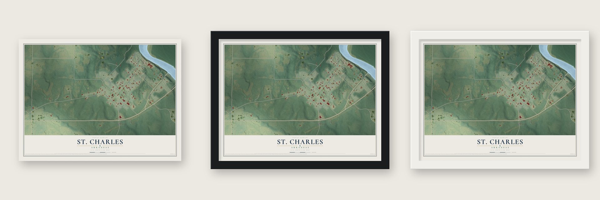 St. Charles, Arkansas map unframed, in a black wood frame and in a white wood frame